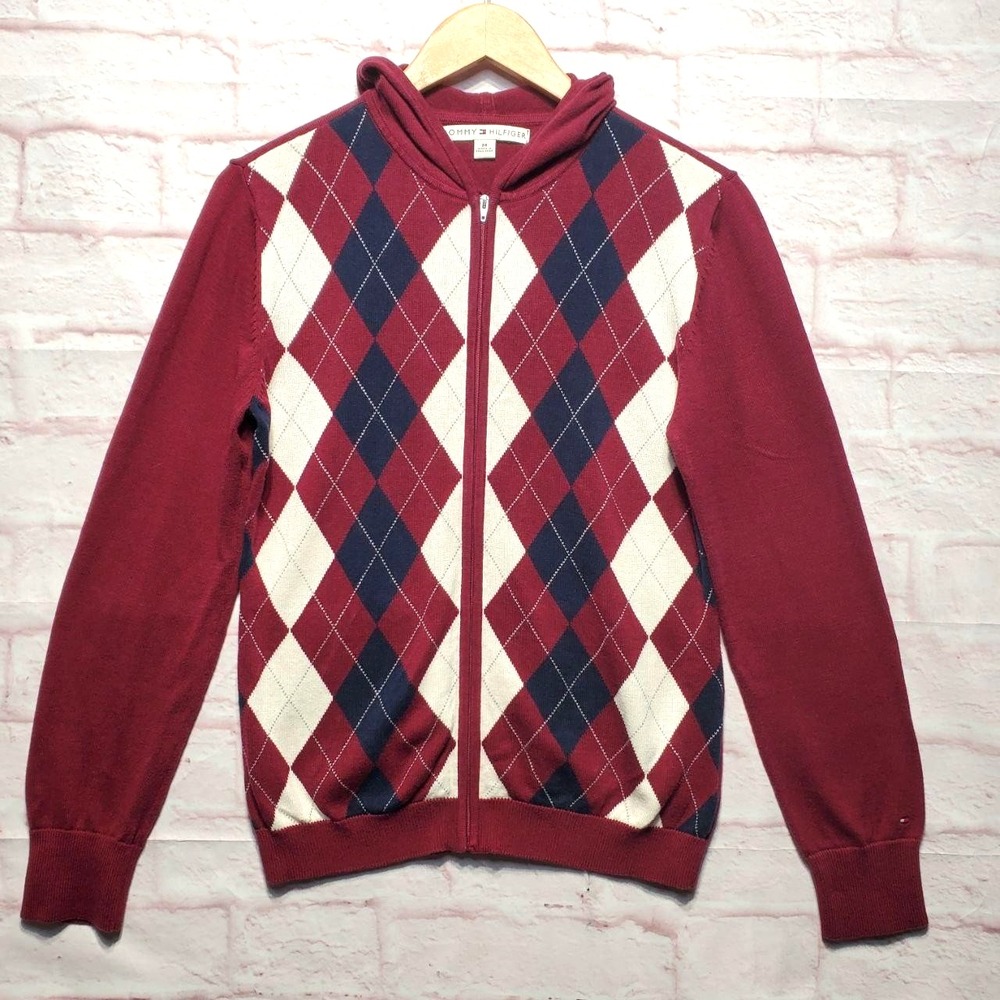 Tommy Hilfiger Argyle Zip Up Hoodie Sweater Womens Size Med Maroon Preppy VTG